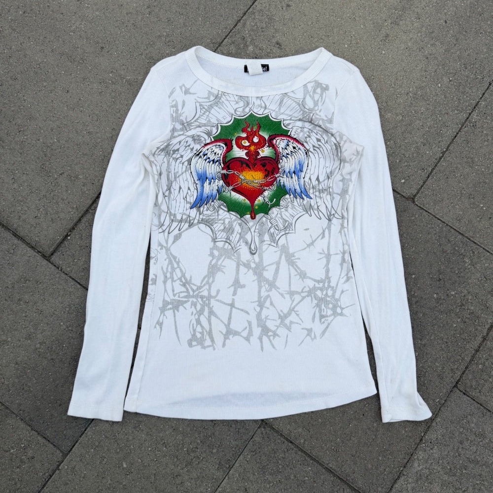 How Cute Y2K Winged Heart Graphic Thermal Long Sleeve Top White XL 5029L